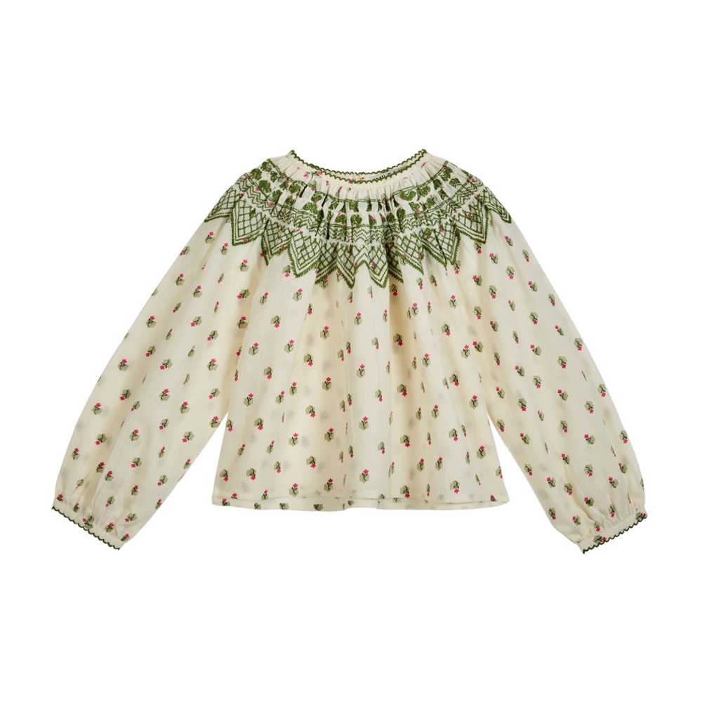 Emile et Ida Cream and Green Blouse with Floral Print